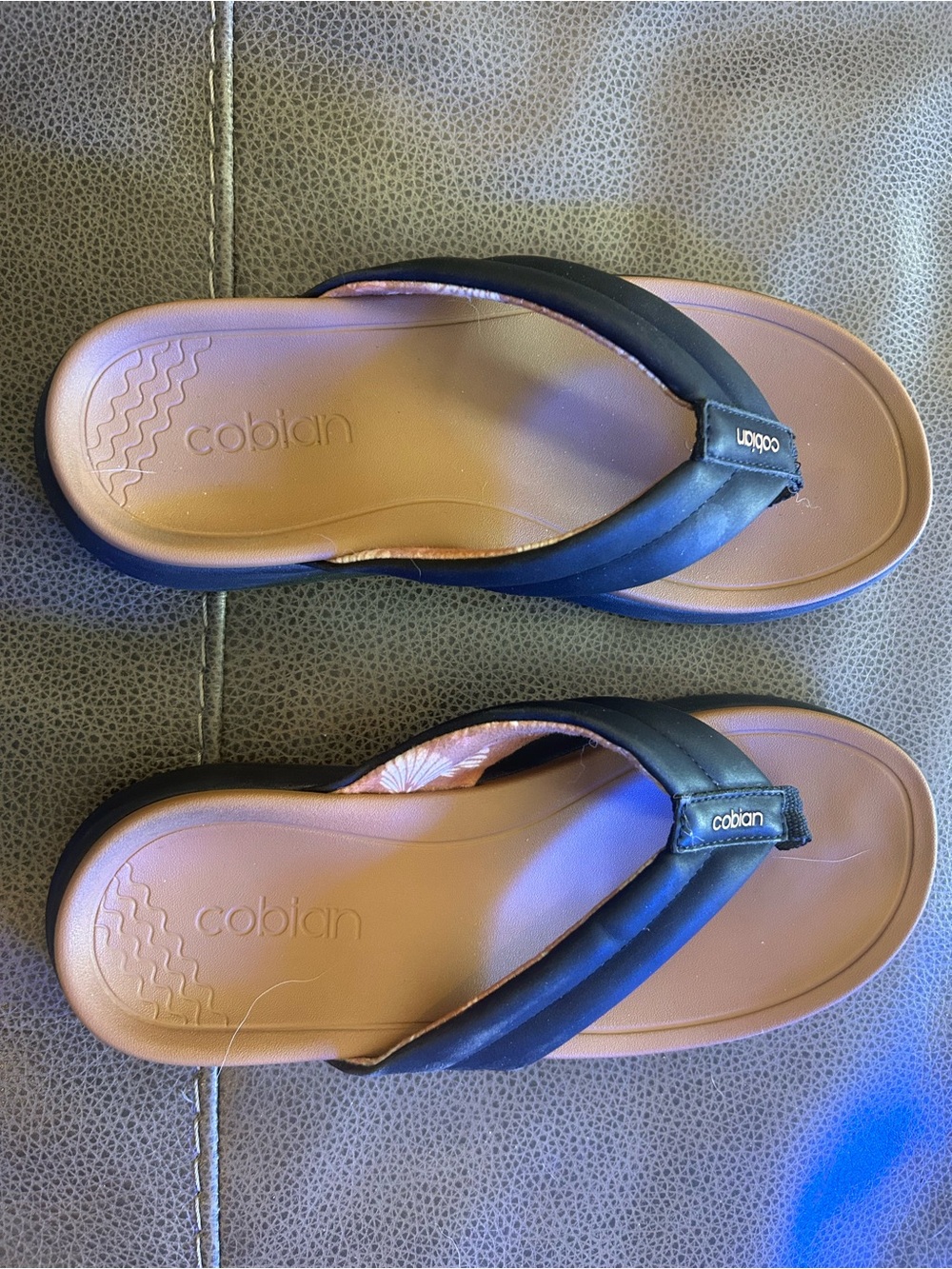 Cobian Women's Tan Footbed Black Strap Flip Flop Sandals